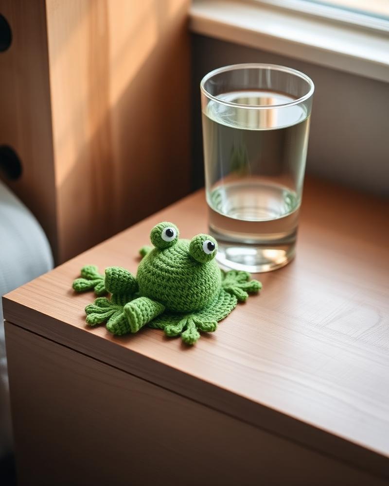 Sous-verre grenouille sur une table de chevet en bois