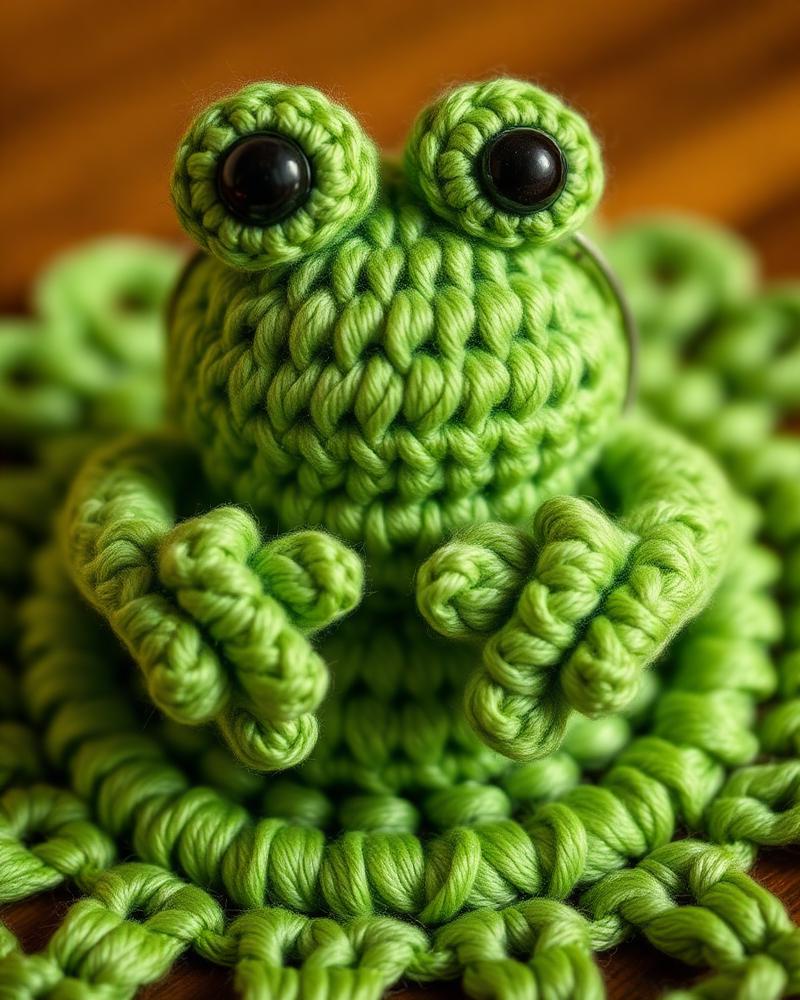 Gros plan sur la texture crochet et les yeux de la grenouille