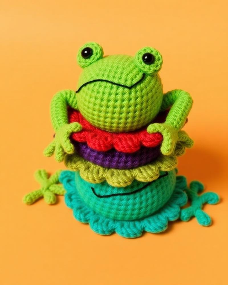 Grenouilles en crochet empilées de différentes couleurs