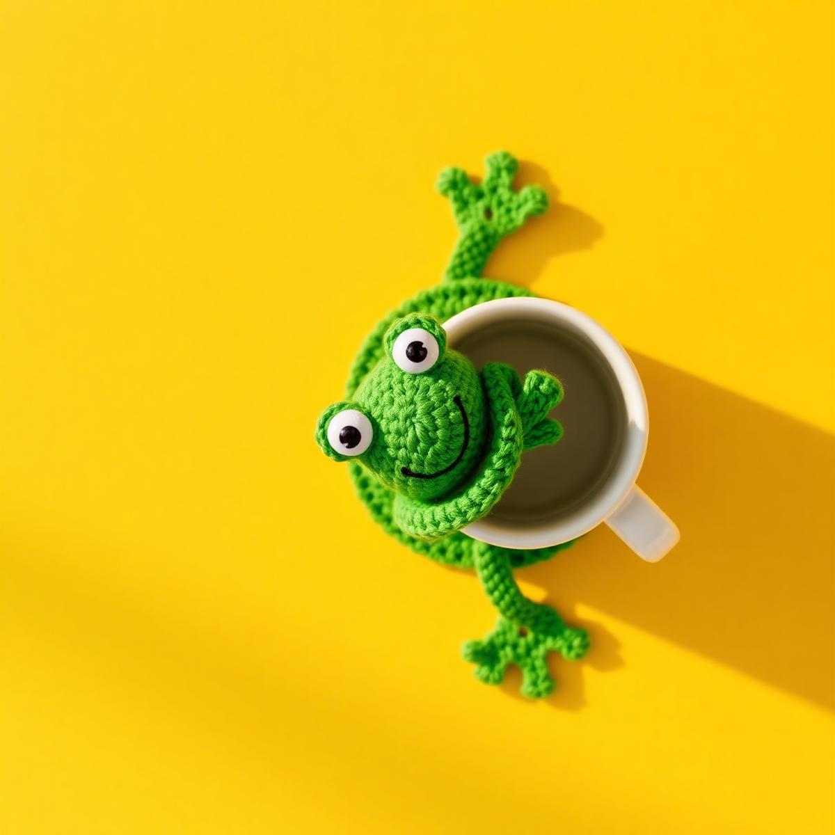 Sous-verre grenouille en crochet vert enlaçant une tasse à café